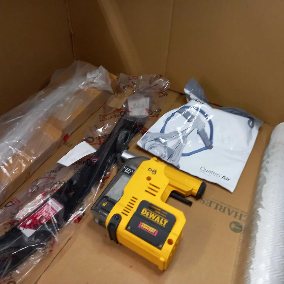 LARGE BOX OF APPROXIMATELY 10 ASSORTED HOUSEHOLD ITEMS TO INCLUDE: ASSORTED BOXED ITEMS, RES MED FACE MASK, DEWALT /HEPA FILTER