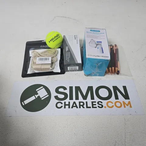 APPROXIMATELY 12 ASSORTED HOUSEHOLD ITEMS TO INCLUDE MESH NEBULIZER, HEAD RADICAL TENNIS BALL, DOOR WEDGE ALARM, ETC