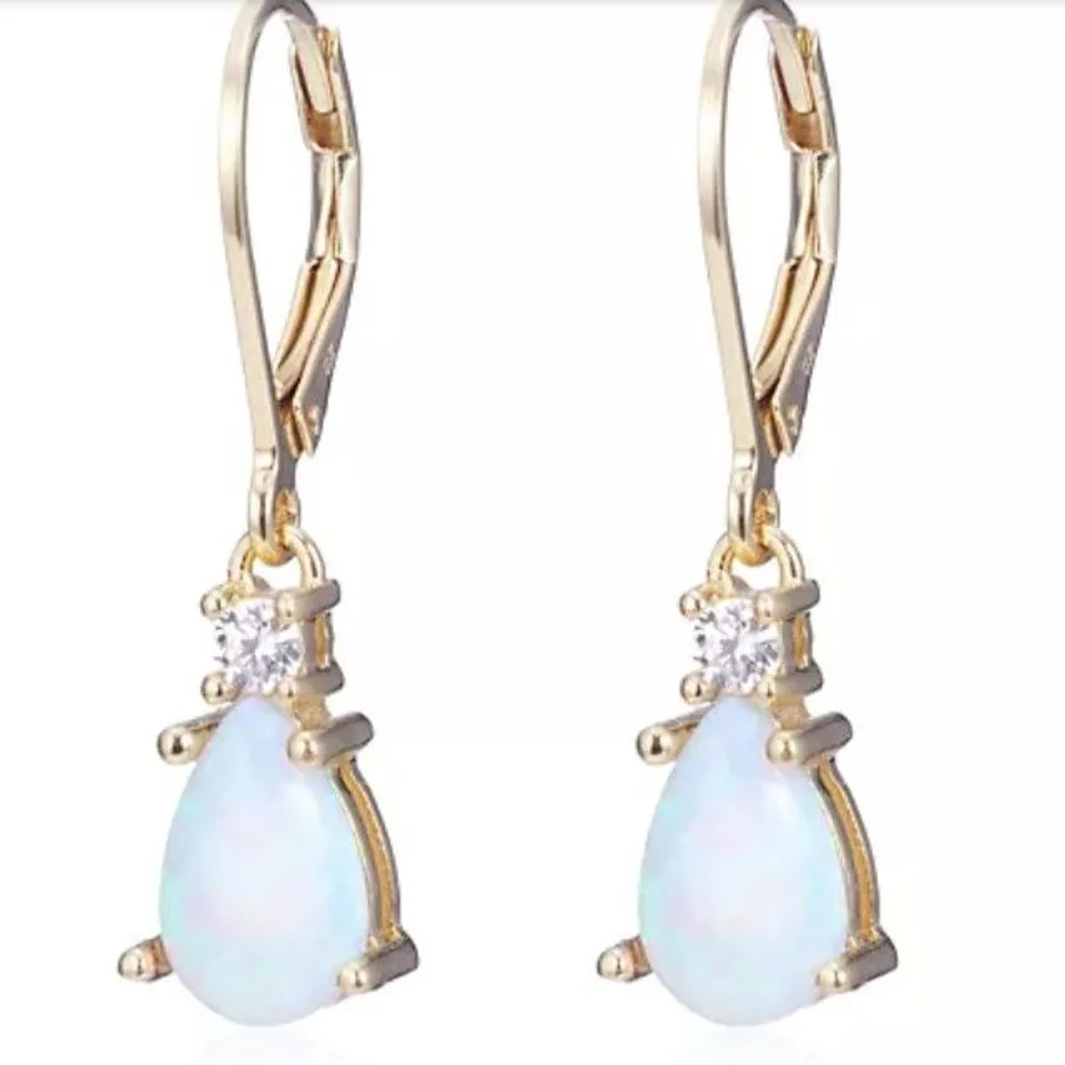DIAMONIQUE 0.1CT TW SIMULATED OPAL PEAR CUT LEVERBACK EARRINGS STERLING SILVER
