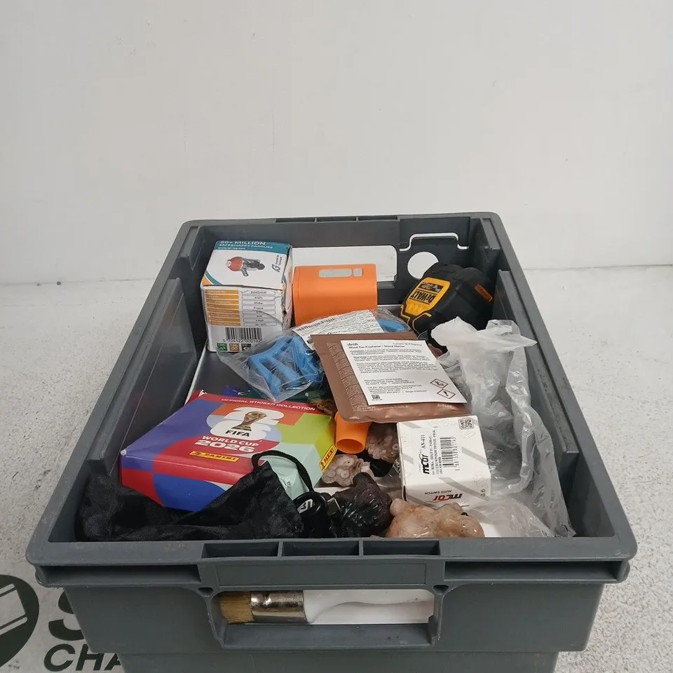 TOTE OF APPROXIMATELY 25 ASSORTED ITEMS TO INCLUDE DEWALT TAPE MEASURE, CABINET LIGHTING, FIFA WORLD CUP 2026 STICKERS ETC