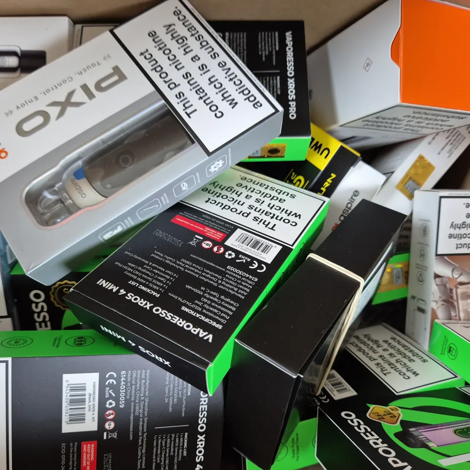 BOX OF APPROXIMATELY 20 ASSORTED VAPING ITEMS AND PRODUCTS TO INCLUDE VAPORESSO, ASPIRE, ETC