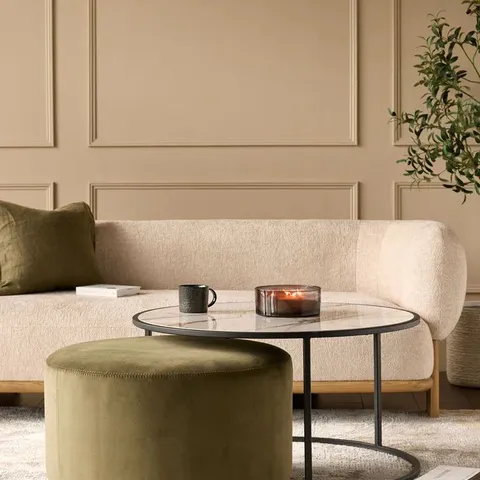 BOXED DANETTI THEA NATURAL CERAMIC COFFEE TABLE AND OLIVE GREEN VELVET POUFFE SET