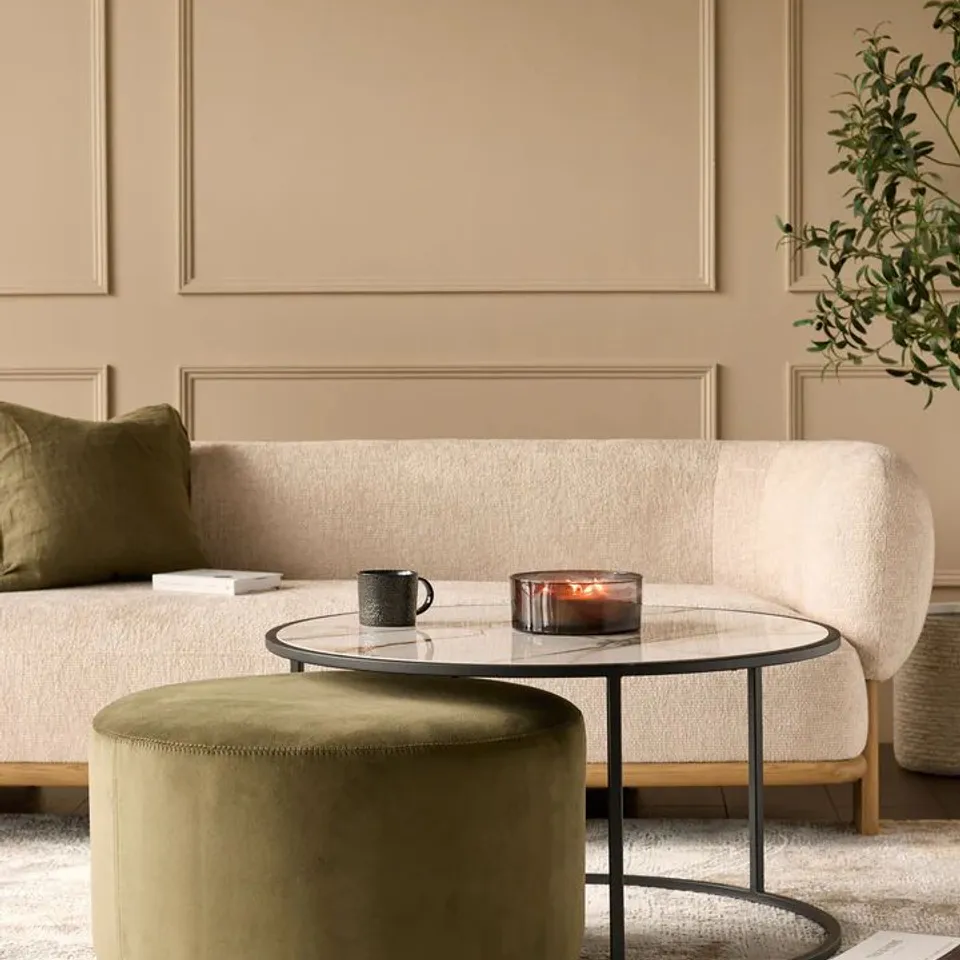 BOXED DANETTI THEA NATURAL CERAMIC COFFEE TABLE AND OLIVE GREEN VELVET POUFFE SET