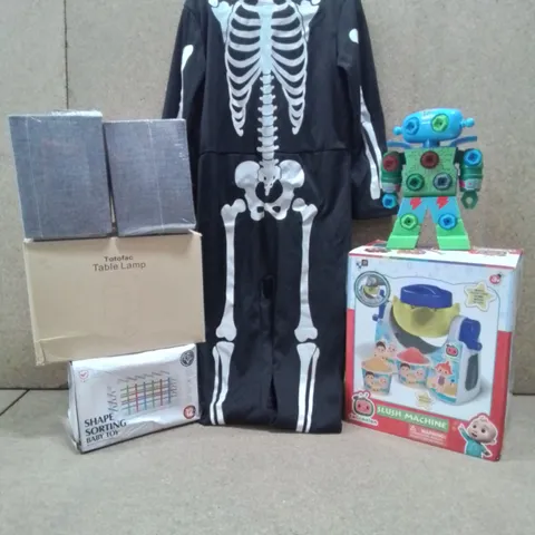 BOX TO CONTAIN ASSORTED HOUSEHOLD GOODS AND PRODUCTS TO INCLUDE; SLUSH MACHINE, TOTOFAC TABLE LAMP,CHILDREN'S SKELETON COSTUME 