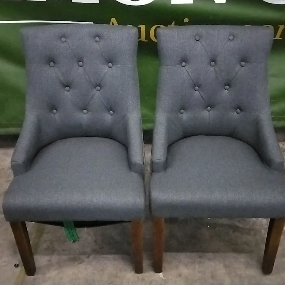 SET OF 2 CHARCOAL GREY FABRIC BUTTONBACK DINING CHAIRS WITH ARMREST AND WOODEN LEGS
