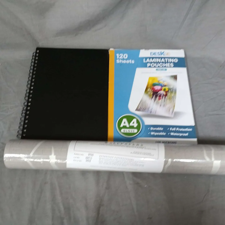 APPROXIMATELY 12 ASSORTED HOUSEHOLD PRODUCTS TO INCLUDE SKETCHBOOK, WALLPAPER, LAMINATING POUCHES, ETC