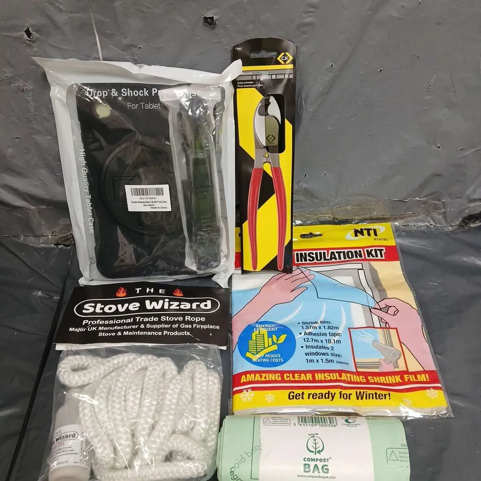 TOTE OF APPROXIMATELY 15 HOUSEHOLD ITEMS TO INCLUDE - STOVE WIZARD STOVE ROPE - WINDOW INSULATION KIT - CABLE CUTTER