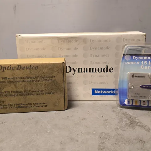 BOX OF APPROXIMATELY 12 ASSORTED ITEMS TO INCLUDE - RIBER OPTIC DEVICE , DYNAMODE USB2.0 15 IN 1 CARD READER , DYNAMODE NETWORK DEVICE 