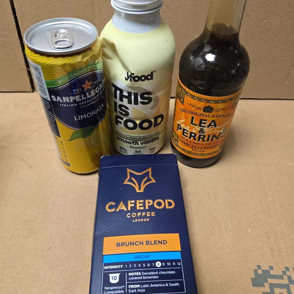 APPROXIMATELY 10 ASSORTED FOOD/DRINK PRODUCTS TO INCLUDE LEA & PERRINS, CAFEPOD, YFOOD ETC 