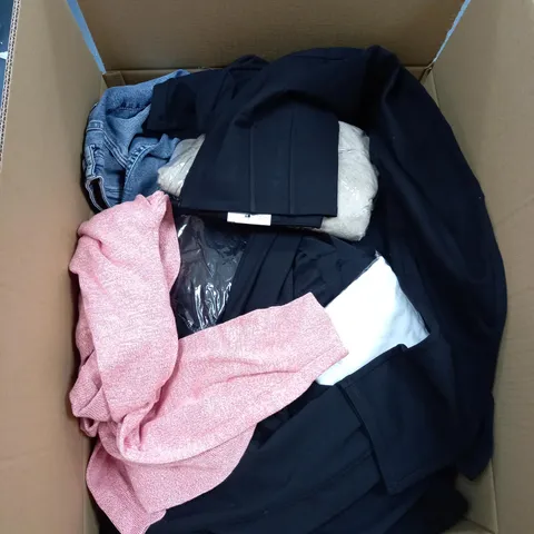 BOX OF ASSORTED CLOTHING ITEMS TOO INCLUDE TOPS , TROUSERS AND DRESSES , ETC