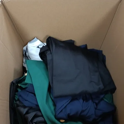 BOX OF APPROXIMATELY 20 ASSORTED CLOTHING ITEMS IN VARIOUS STYLES , COLOURS AND SIZES