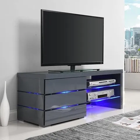 BOXED SONIA GREY TV STAND IN HIGH GLOSS WITH GLASS LED (1 BOX)