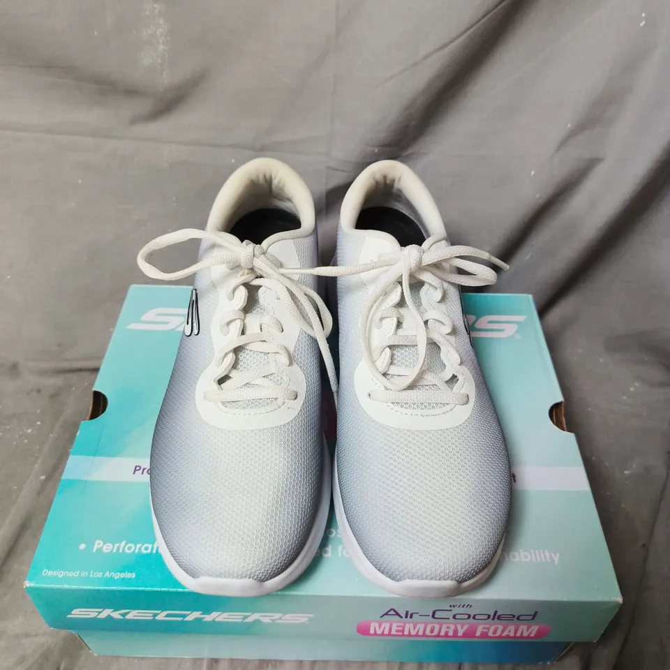 BOXED PAIR OF SKECHERS SNEAKERS – AIR-COOLED MEMORY FOAM, GREY/WHITE - SIZE 6