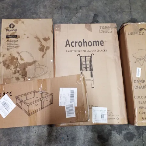 PALLET OF ASSORTED PRODUCTS INCLUDING TOILET SEAT, CAMPING CHAIR, PLAY PEN, 2.6M TELESCOPIC LADDER