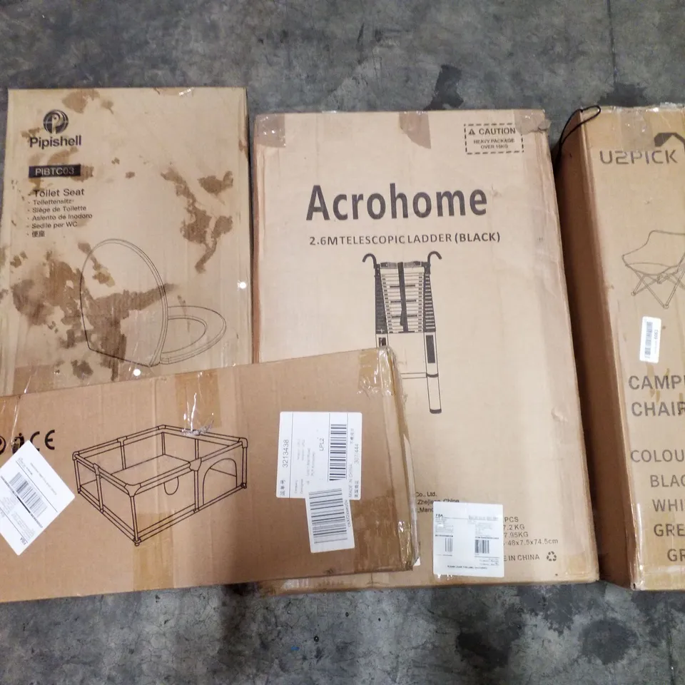 PALLET OF ASSORTED PRODUCTS INCLUDING TOILET SEAT, CAMPING CHAIR, PLAY PEN, 2.6M TELESCOPIC LADDER