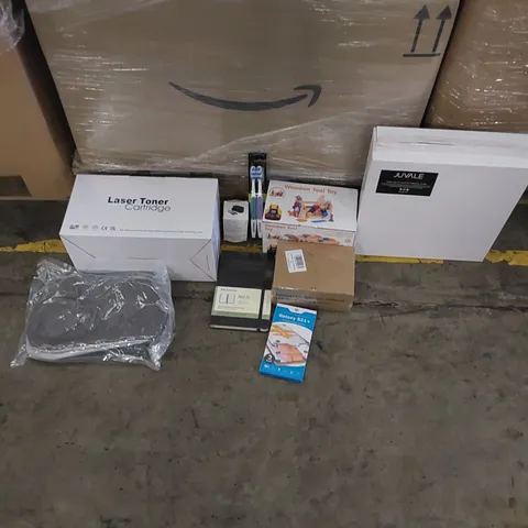 PALLET OF ASSORTED ITEMS INCLUDING: PRINTER CARTRIDGES, GLASS CANDLE HOLDERS, OVEN MATS, USBC CHARGER, CHILDREN'S TOY TOOL KIT, NAIL LAMP, TOOTHBRUSHES 