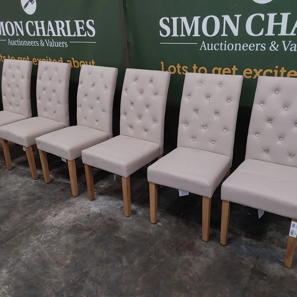 SET OF SIX UPHOLSTERED BUTTONED BACK DINING CHAIRS BEIGE FABRIC ON NATURAL WOOD LEGS 