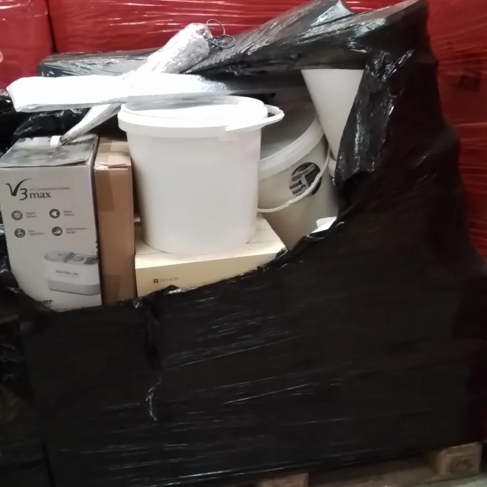 PALLET OF ASSORTED HOUSEHOLD GOODS AND PRODUCTS TO INCLUDE;FISHING ROD,AIR COMPRESSOR SYSTEM,CEILING LIGHT