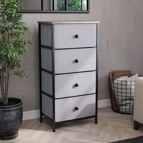 BOXED CHORLEY 4 DRAWER FABRIC DRAWER CHEST - BEIGE & GREY WOOD (1 BOX)