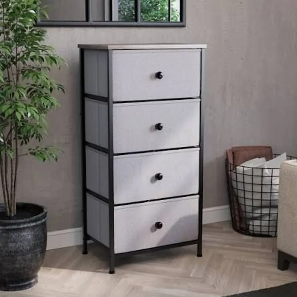 BOXED CHORLEY 4 DRAWER FABRIC DRAWER CHEST - BEIGE & GREY WOOD (1 BOX)