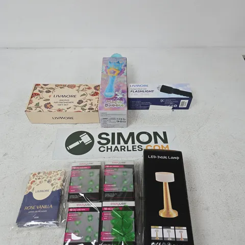 BOX OF APPROXIMATELY 10 ASSORTED ITEMS INCLUDING LIVMORE ROSE VANILLA AROMA AIR FRESHENER, EAZYUSE 10 LEDS - LUCKY CHARMS AND AN LED DESK LAMP