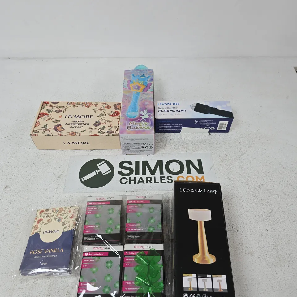 BOX OF APPROXIMATELY 10 ASSORTED ITEMS INCLUDING LIVMORE ROSE VANILLA AROMA AIR FRESHENER, EAZYUSE 10 LEDS - LUCKY CHARMS AND AN LED DESK LAMP