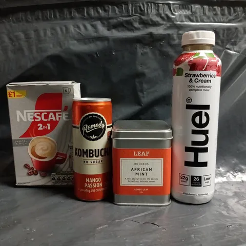 APPROXIMATELY 5 ASSORTED FOOD AND DRINK ITEMS TO INCLUDE FRESUBIN MULTIPACK, HUEL, KOMBUCHA, ETC
