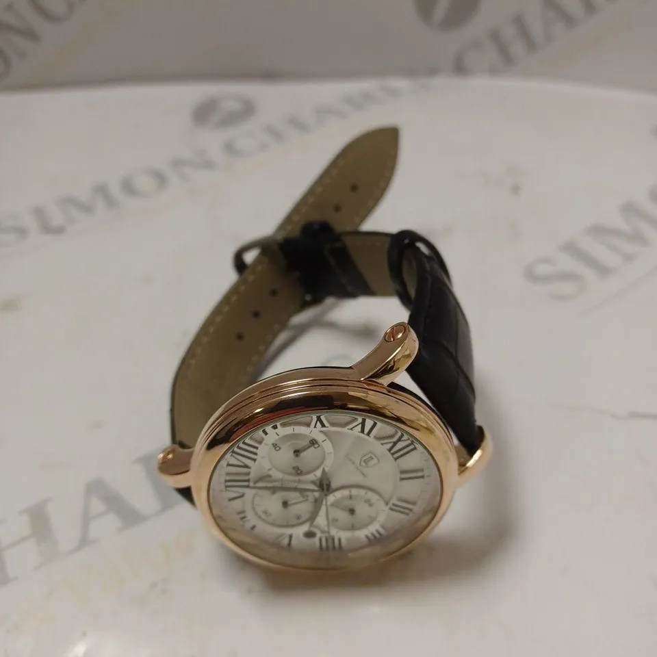 MENS LOUIS LACOMBE CHRONOGRAPH WATCH – MULTI FUNCTION DIAL WITH DATE – ROMAN NUMERAL DIAL – LEATHER STRAP