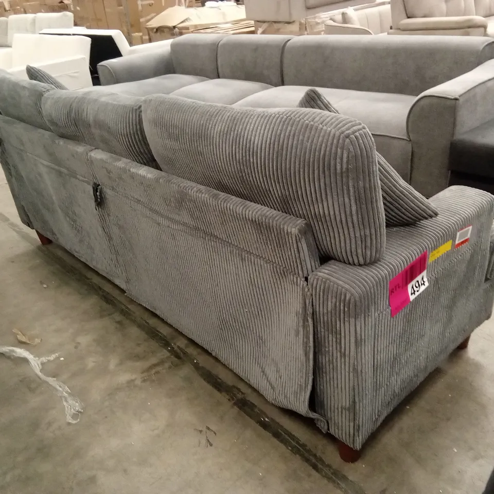 DESIGNER 3 SEATER CORDUROY FABRIC SOFA - GREY