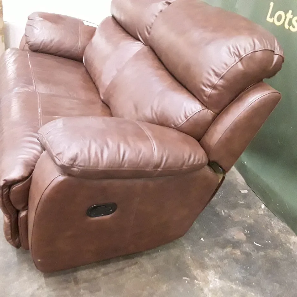 DESIGNER 2 SEATER MANUAL RECLINER SOFA - BROWN LEATHER