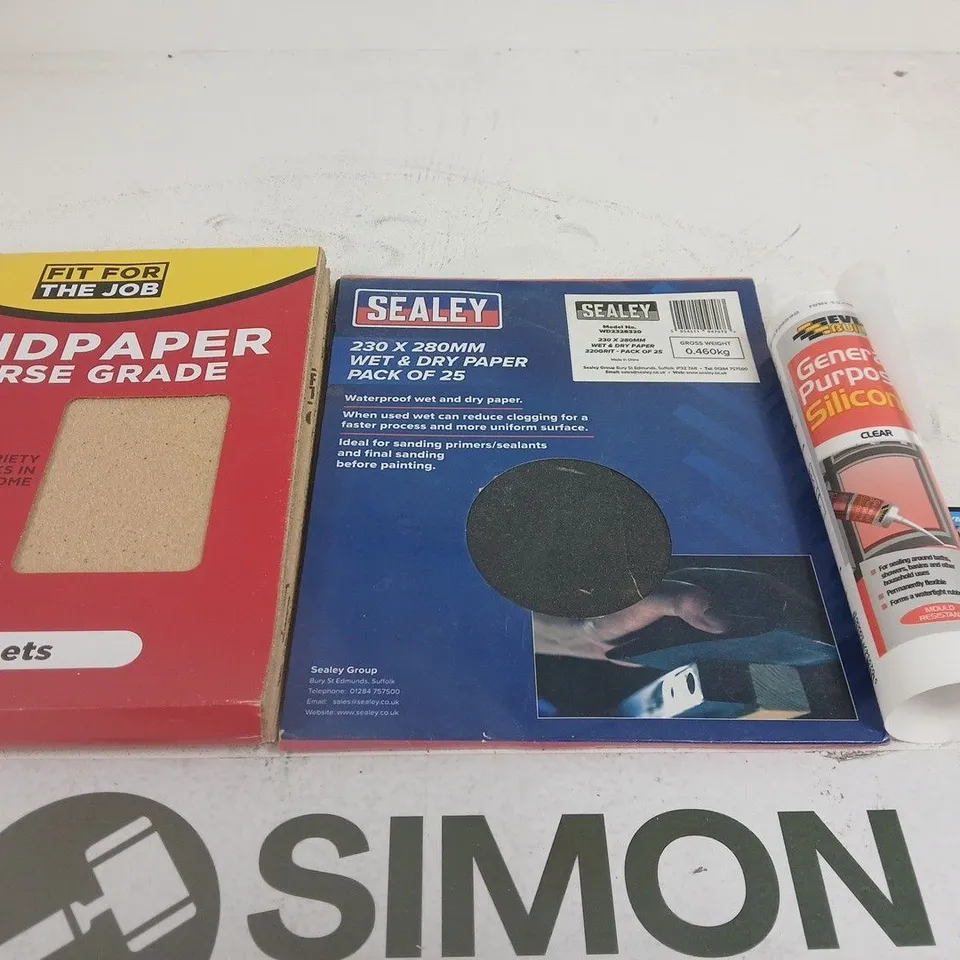 APPROXIMATELY 15 ASSORTED HOUSEHOLD PRODUCTS TO INCLUDE SANDPAPER COARSE GRADE (25 SHEETS); SEALEY WET & DRY PAPER PACK (25); GENERAL-PURPOSE SILICONE SEALANT; DYMO LABEL TAPE