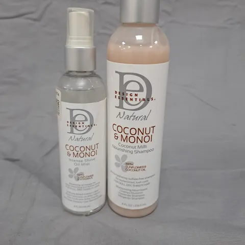 SET OF 2 DESIGN ESSENTIALS NATURAL COCONUT AND MONOI INTENSE SHINE OIL MIST 118ML AND COCONUT AND MONOI COCONUT MILK NOURISHING SHAMPOO 236ML