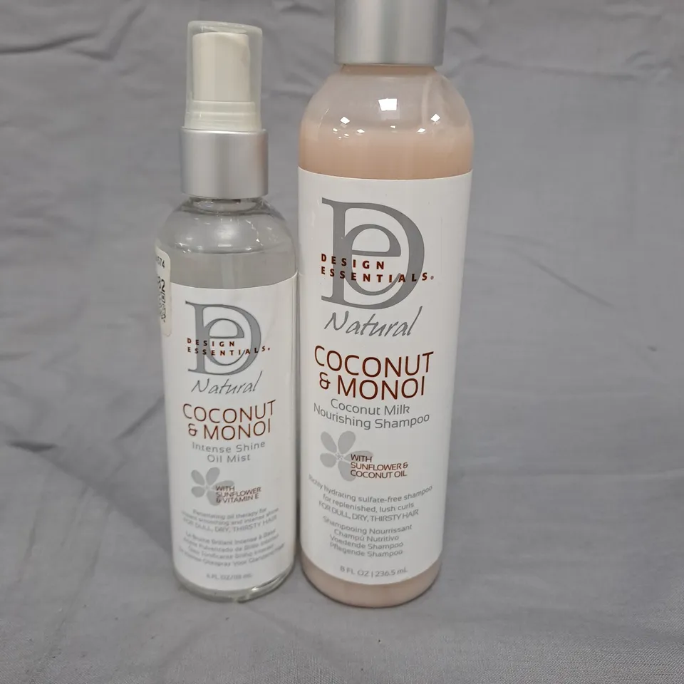 SET OF 2 DESIGN ESSENTIALS NATURAL COCONUT AND MONOI INTENSE SHINE OIL MIST 118ML AND COCONUT AND MONOI COCONUT MILK NOURISHING SHAMPOO 236ML