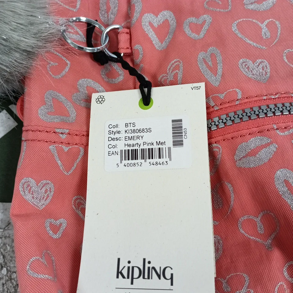 KIPLING EMERY BACKPACK – PINK HEART PRINT WITH FUR POM POM