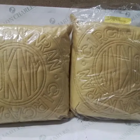 BRAND NEW SEALED SET OF 2 CIRCLE LOGO CUSHIONS FILLING COLOUR OCHRE