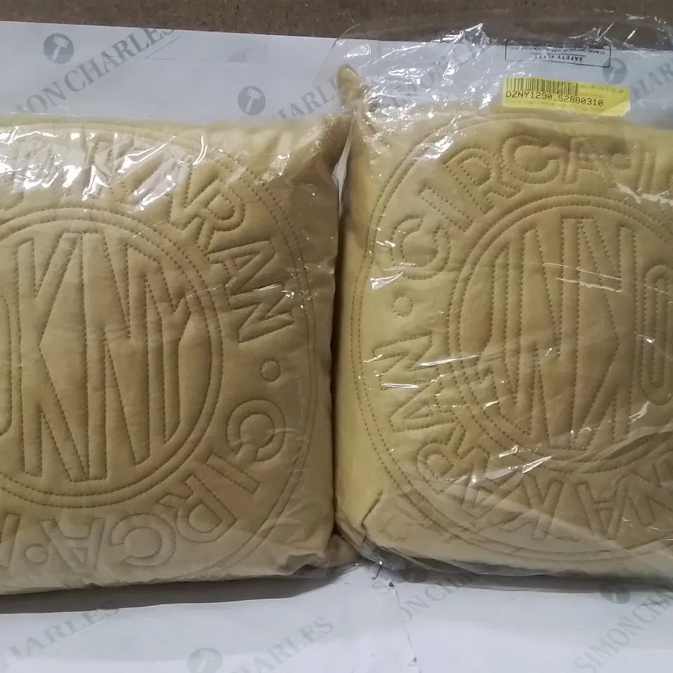 BRAND NEW SEALED DESIGNER DONNA KARAN LOGO CUSHION WITH FILLING COLOUR OCHRE SET OF 2