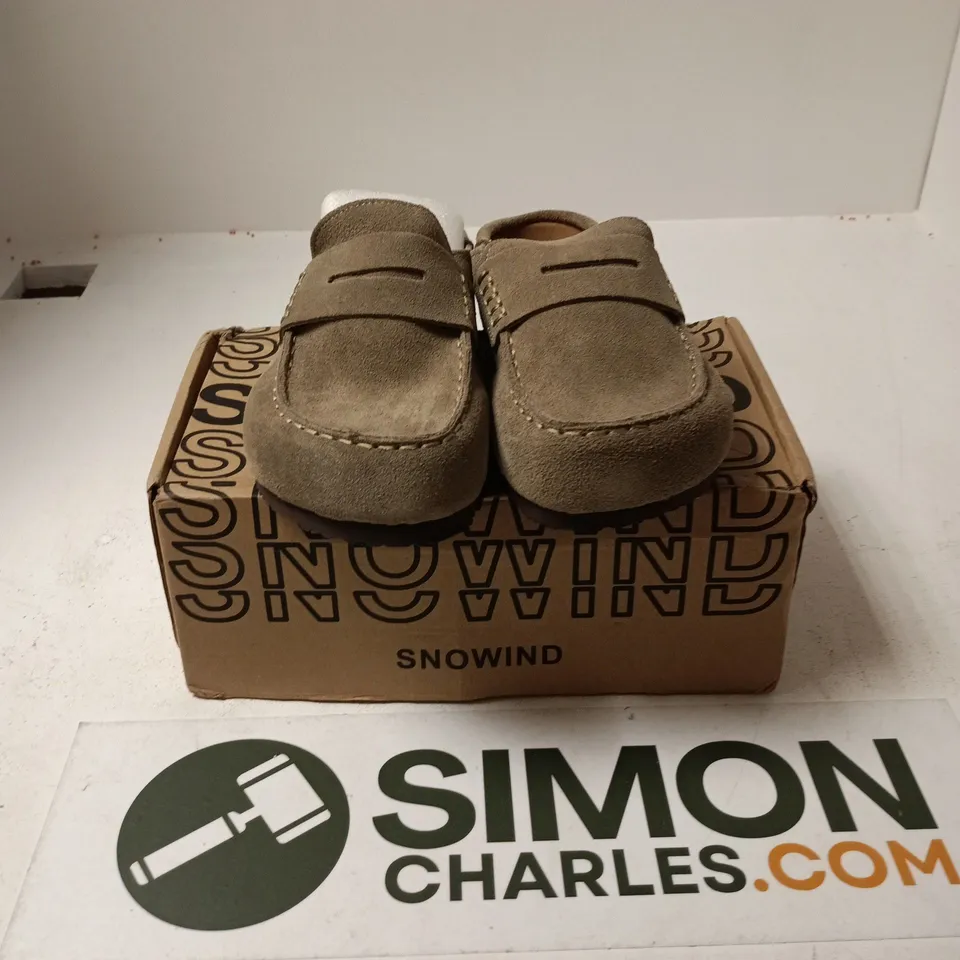 BOXED PAIR OF SNOWIND SUEDE CLOGS IN TAUPE - SIZE 36