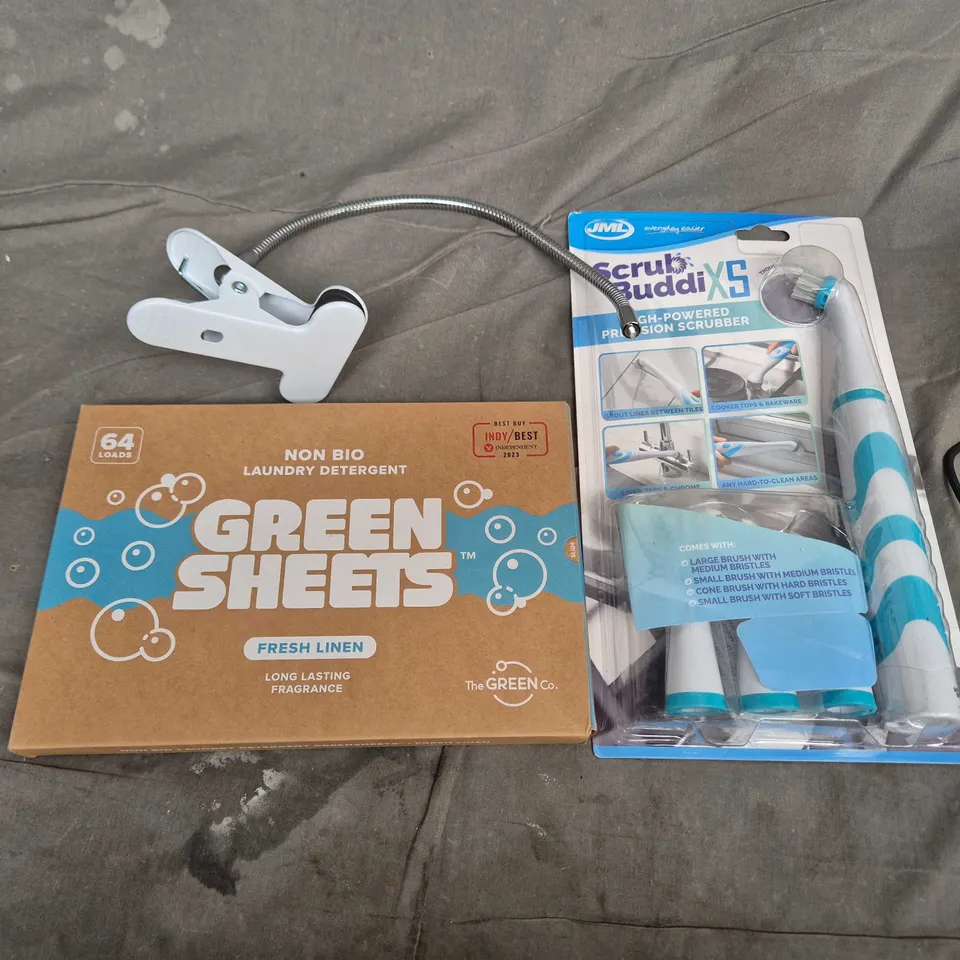 APPROXIMATELY 15 ASSORTED HOUSEHOLD PRODUCTS TO INCLUDE SCRUB BUDDY XS, GREEN SHEETS LAUNDRY DETERGENT, ADJUSTABLE EXTENDED CLIP ETC