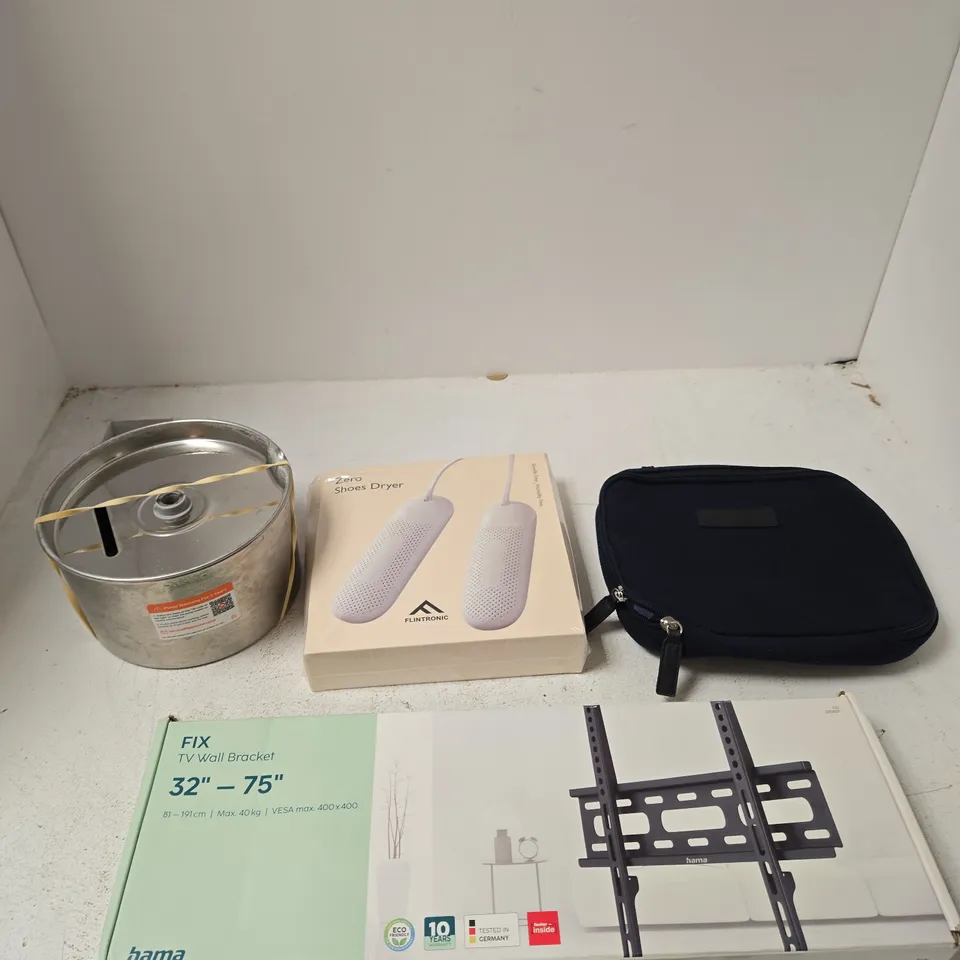BOX OF APPROXIMATELY 15 ASSORTED ITEMS INCLUDUING A PET FOUNTAIN, A ZERO SHOES DRYER AND A TV WALL BRACKET