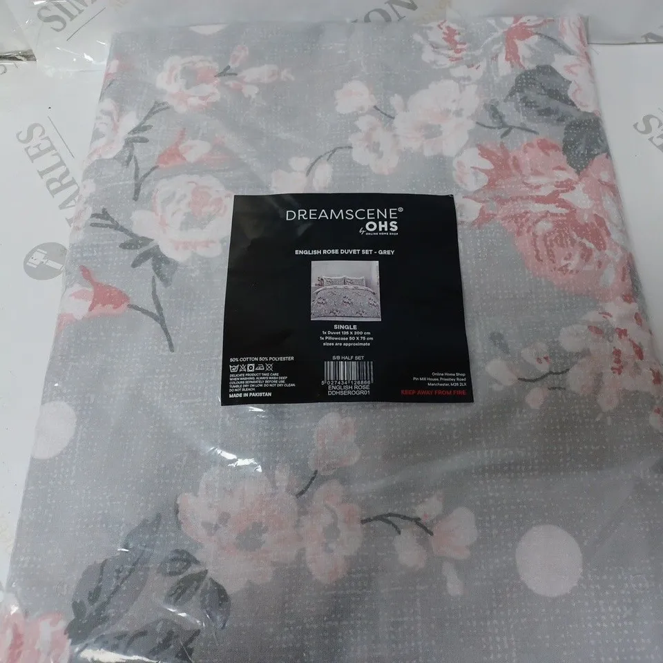 OHS DREAMSCENE ENGLISH ROSE DUVET SET GREY SINGLE