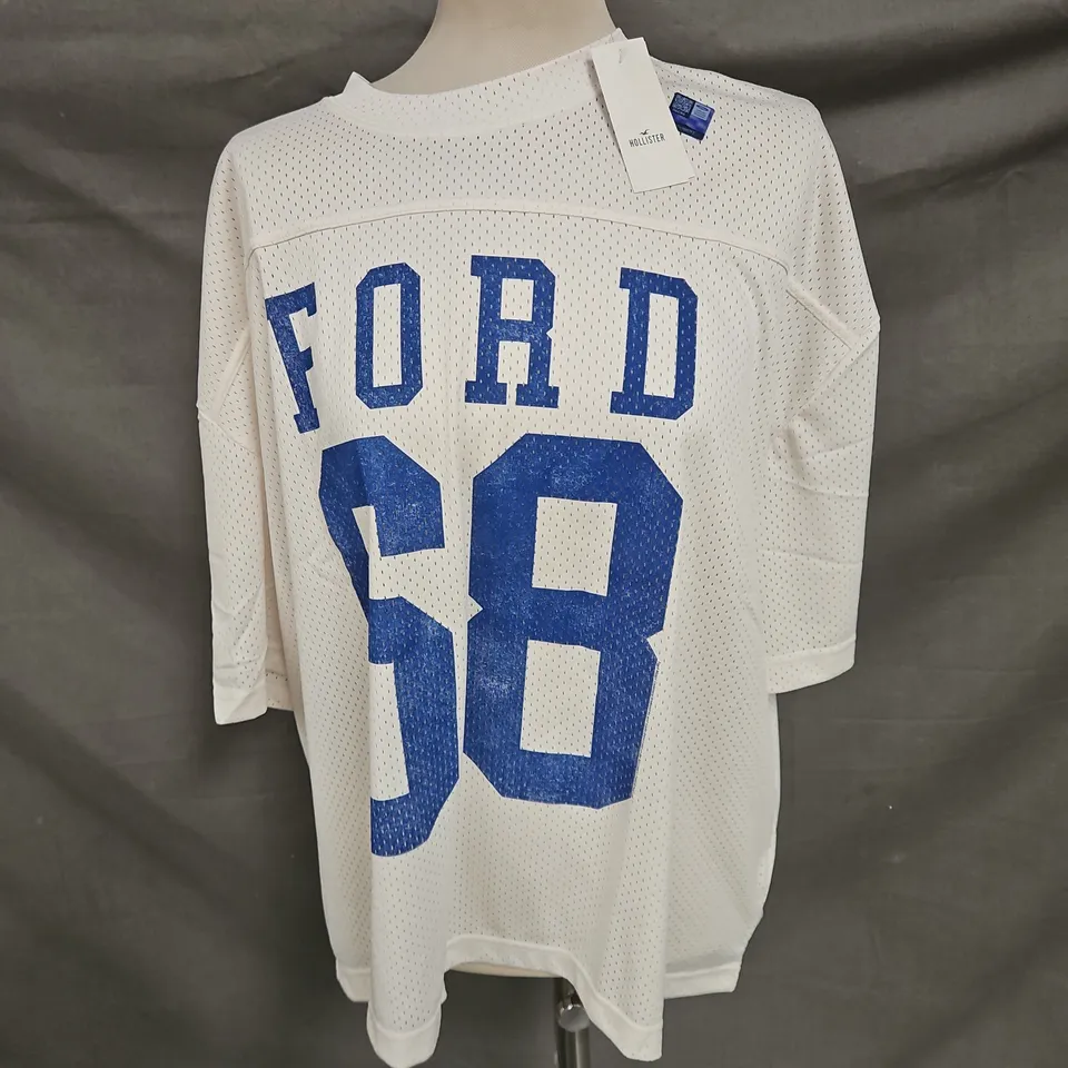HOLLISTER BOXY CROPFIT MESH TOP IN CREAM/BLUE SIZE XXL