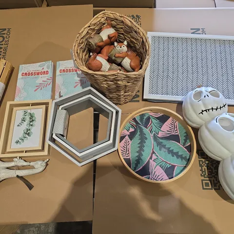BOX OF APPROXIMATELY 10 ASSORTED HOUSEHOLD ITEMS TO INCLUDE - WALL ART, SHELVES, AND BAMBOO BATH MAT ETC.
