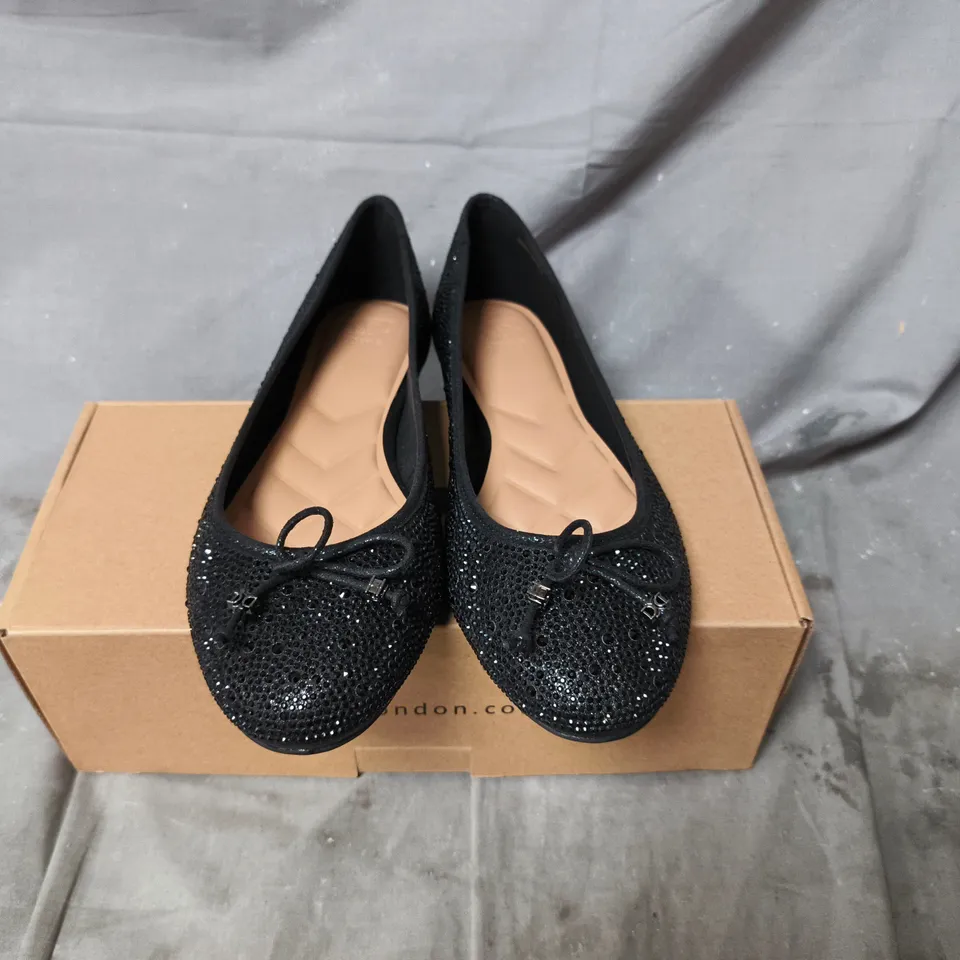 DUNE LONDON BLACK CRYSTAL-EMBELLISHED BALLET FLATS - BOXED - SIZE 7
