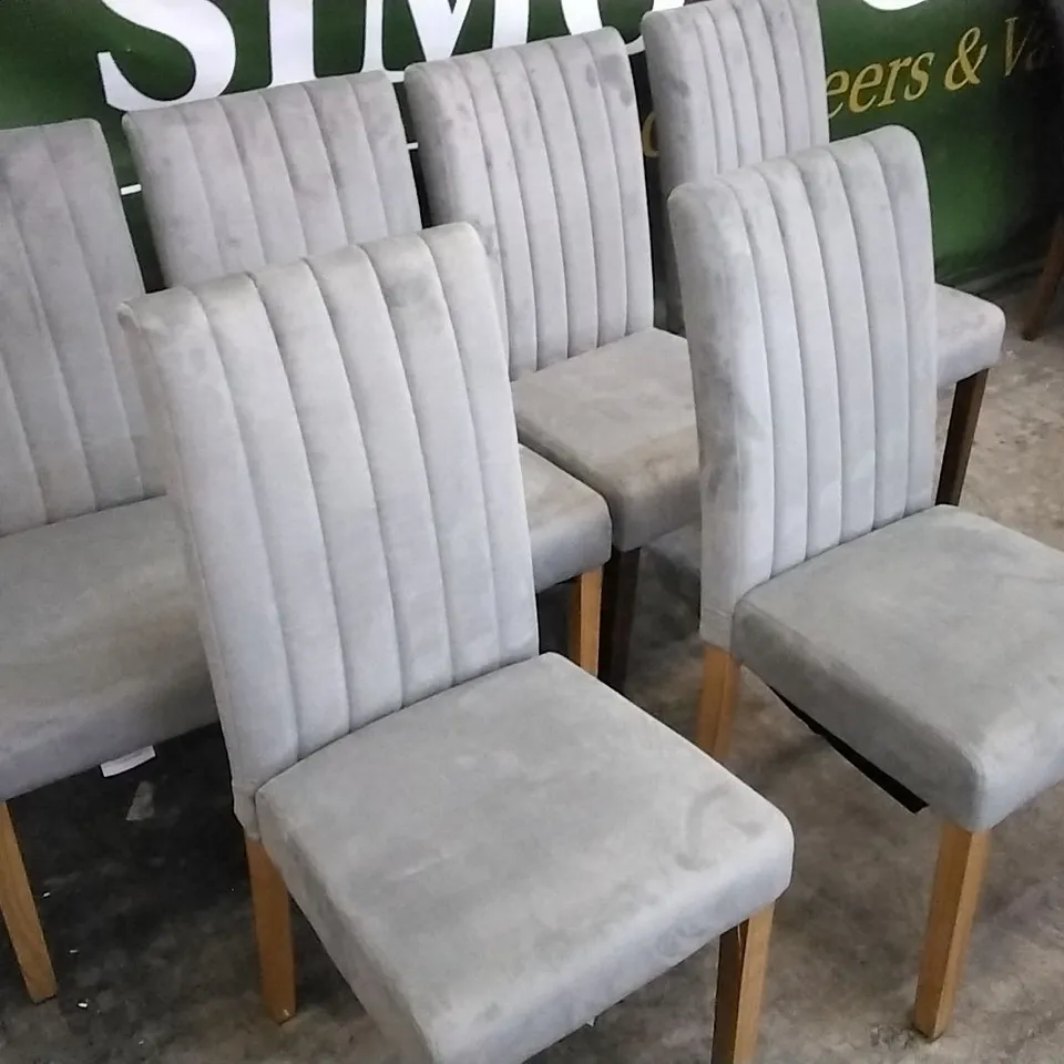 6 LIGHT GREY PLUSH FABRIC DINING CHAIRS WITH WOODEN LEGS