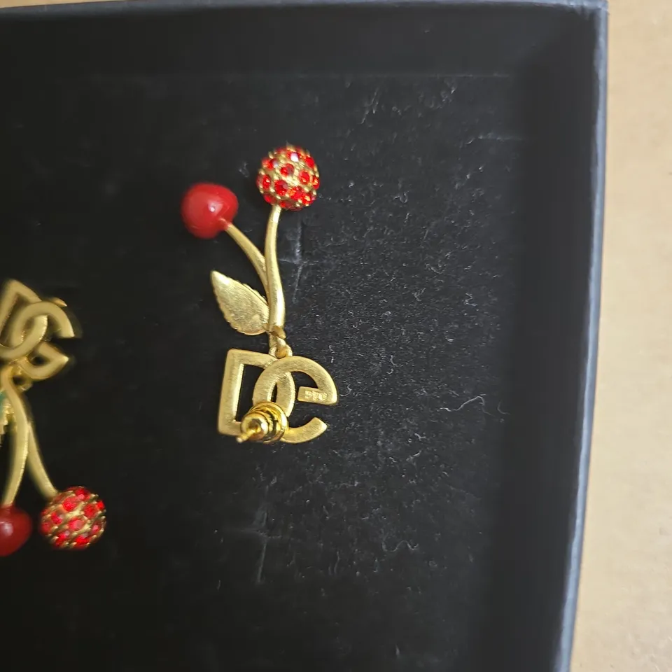 DOLCE & GABBANA GOLD-TONE CHERRY DROP EARRINGS WITH DG LOGO – BOXED