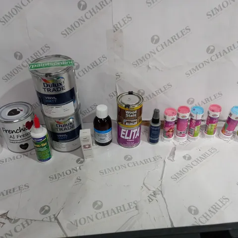 APPROXIMATELY 15 ASSORTED CRAFTING AND HOUSEHOLD GOODS TO INCLUDE VINYL MATT PAINT, OIL 2 HORSE, AND DISNEY PRINCESS BUBBLES ETC.