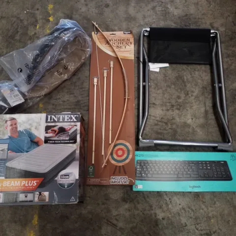 PALLET CONTAINING ASSORTED PRODUCTS INCLUDING LOGITECH KEYBOARD & MOUSE, FOLDOUT CAMPING STOOL, WOODEN ARCHERY SET, AIR MATTRESS & LIFTING BELT