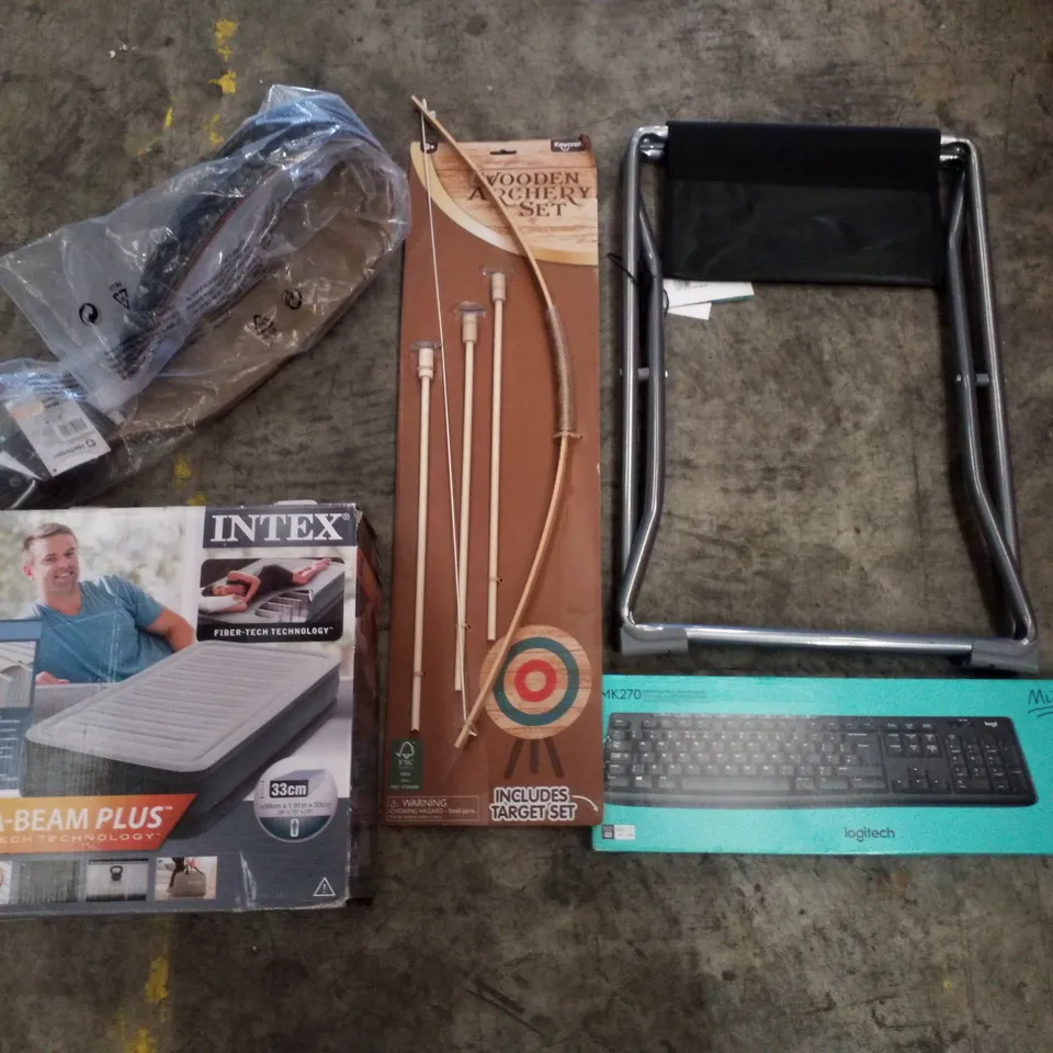 PALLET CONTAINING ASSORTED PRODUCTS INCLUDING LOGITECH KEYBOARD & MOUSE, FOLDOUT CAMPING STOOL, WOODEN ARCHERY SET, AIR MATTRESS & LIFTING BELT