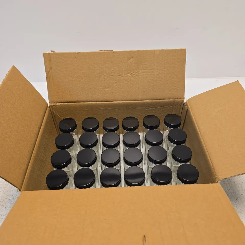 LIFE IDEAS CONDIMENT BOTTLE SET – 24 GLASS BOTTLES WITH BLACK CAPS (WM0543)