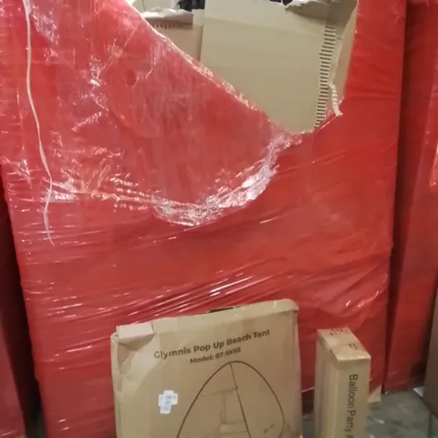 PALLET OF ASSORTED HOUSEHOLD GOODS AND PRODUCTS TO INCLUDE;POPUP BEACH TENT,CAT OUTDOOR HOUSE,BALOON PARTY ARCH